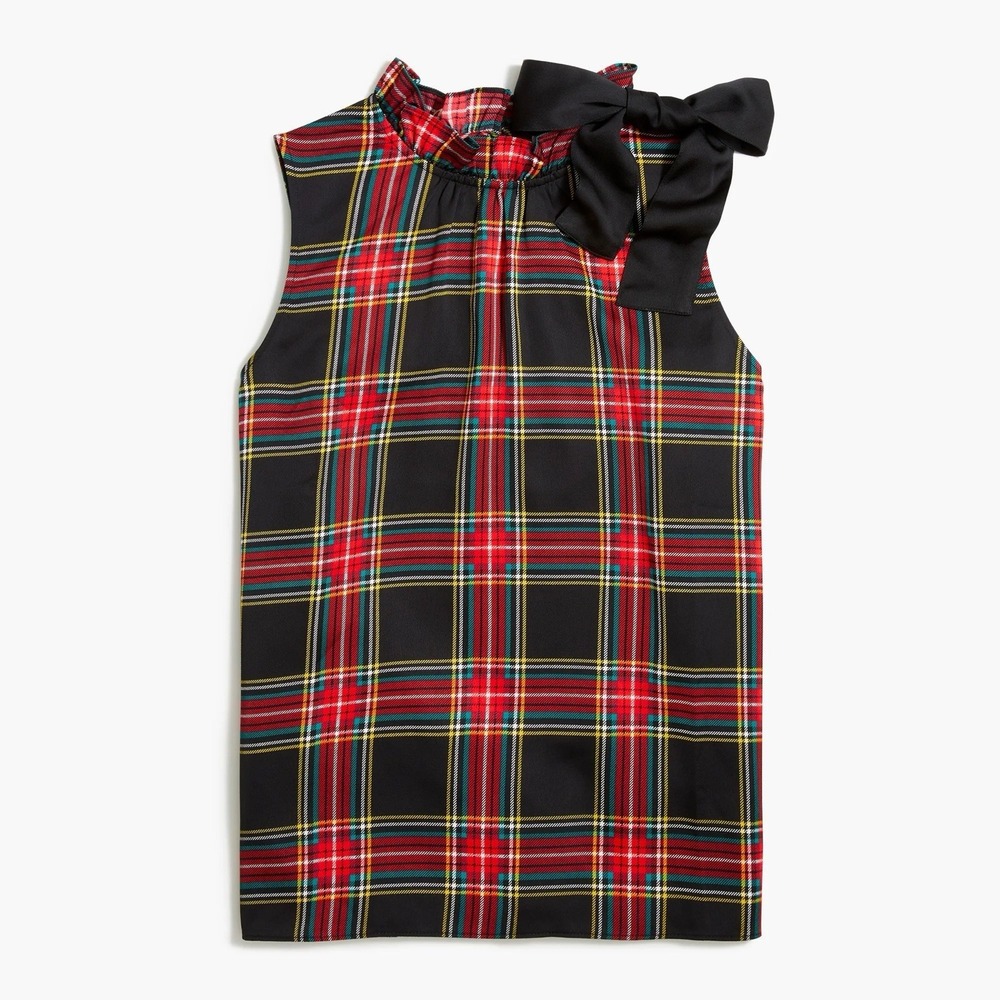 NEW J Crew Tartan bow-neck top with ruffles Size Small Holidays Classic